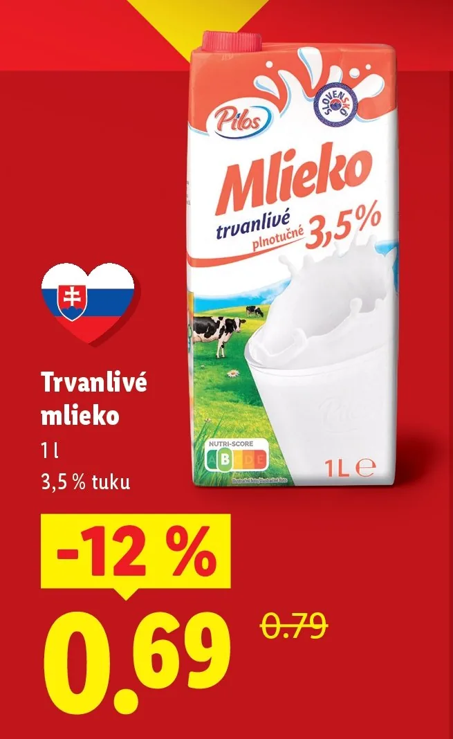 Trvanlivé mlieko plnotučné 3,5% (akcia Lidl)