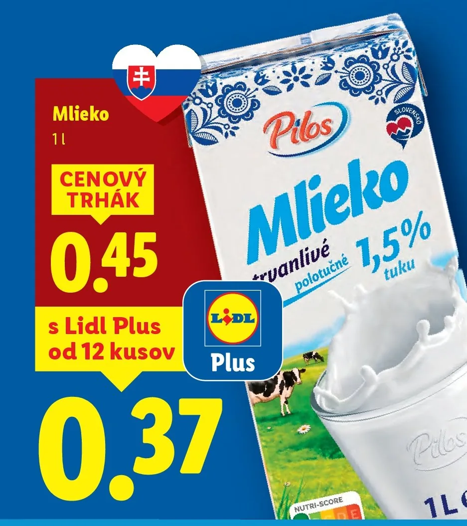 Mlieko polotučné 1,5% tuku (akcia Lidl)