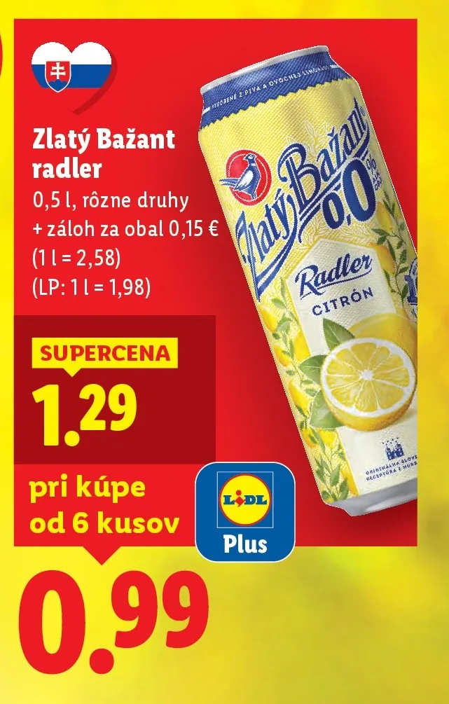 Zlatý Bažant radler 0,0 % Citrón (akcia Lidl)